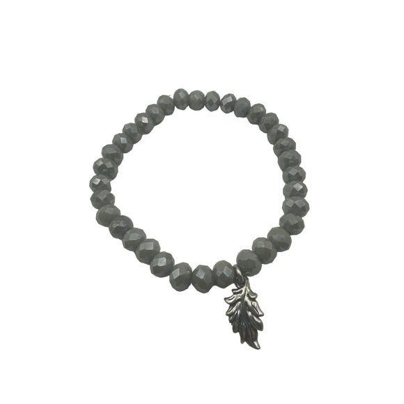 Gray Faceted Beaded Stretch Bracelet with Silver Tone Leaf Charm 8 inch - Picture 3 of 4